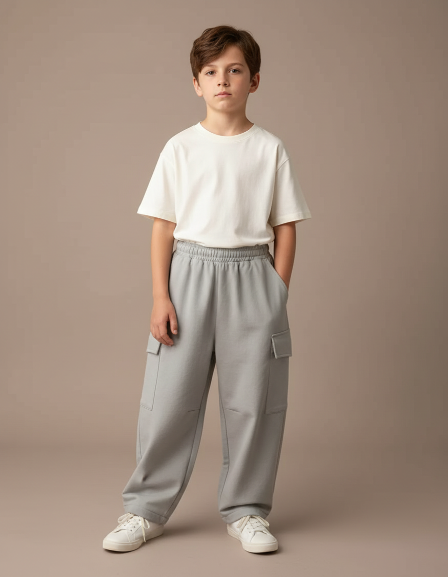 Pantalon Parachute Gris Ample Cargo Garçon Molleton