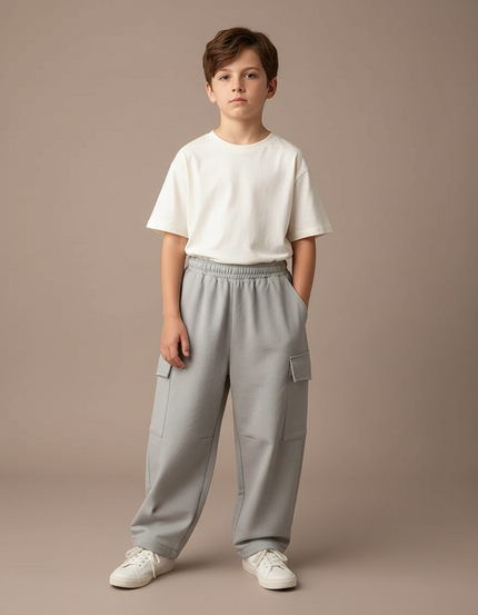 Pantalon Parachute Gris Ample Cargo Garçon Molleton