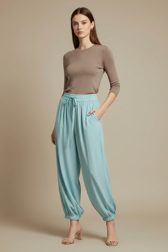 Pantalon Parachute Bleu Ciel Fluide Ample Cordon Décontracté - Viscose