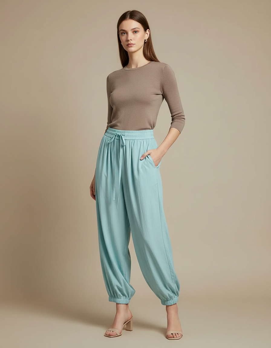 Pantalon Parachute Bleu Ciel Fluide Ample Cordon Décontracté - Viscose