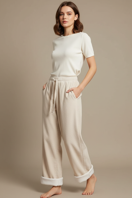 Pantalon Parachute Beige Côtelé Ample Doublé Polaire - Cordé