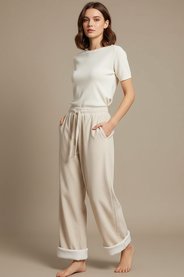 Pantalon Parachute Beige Côtelé Ample Doublé Polaire - Cordé