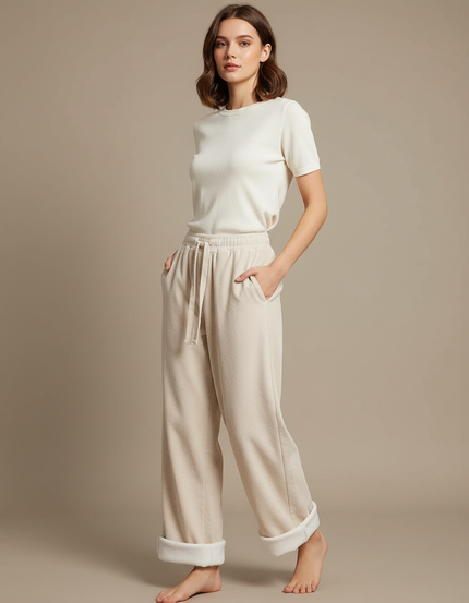 Pantalon Parachute Beige Côtelé Ample Doublé Polaire - Cordé