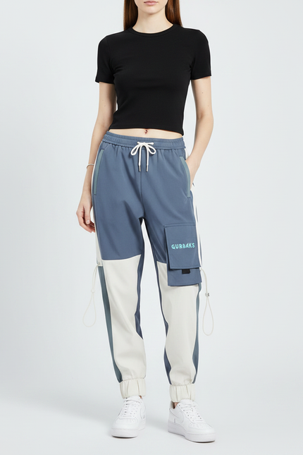 Pantalon Parachute Bicolore Cargo Ample Streetwear Femme - Bleu Polyester