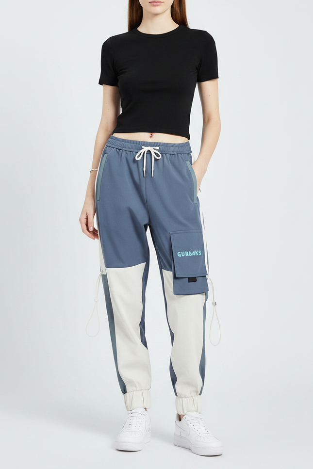 Pantalon Parachute Bicolore Cargo Ample Streetwear Femme - Bleu Polyester
