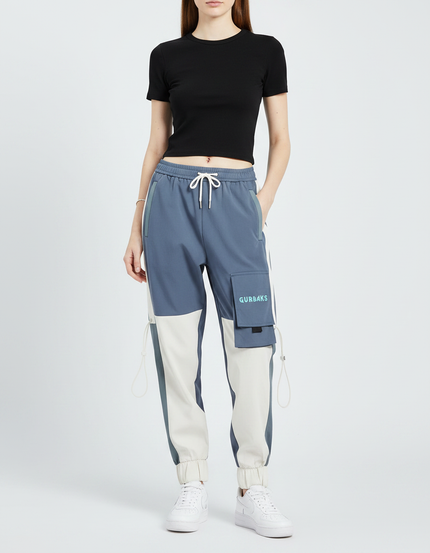Pantalon Parachute Bicolore Cargo Ample Streetwear Femme - Bleu Polyester