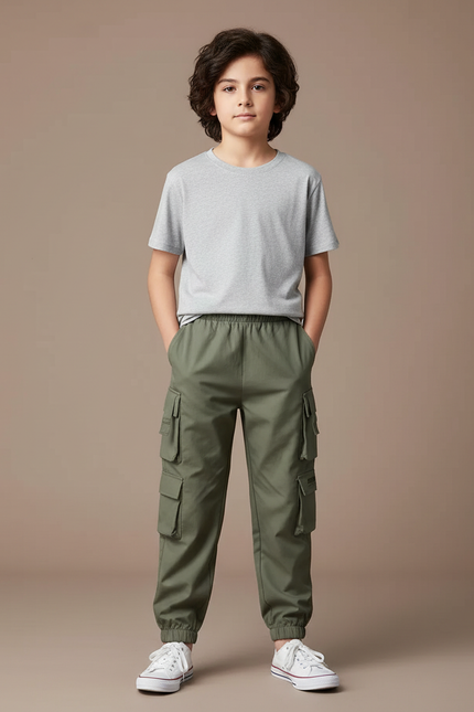 Pantalon Parachute Vert Ample Cargo Coton Garçon - Kaki