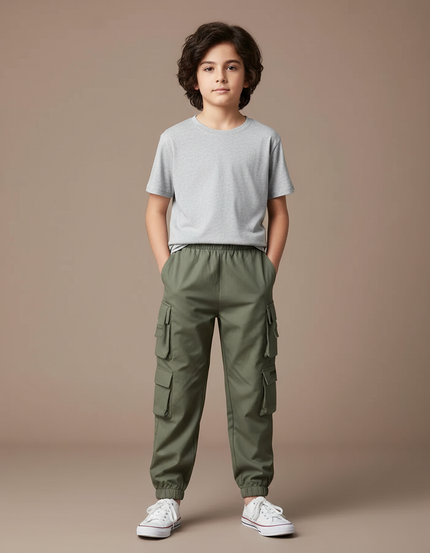 Pantalon Parachute Vert Ample Cargo Coton Garçon - Kaki