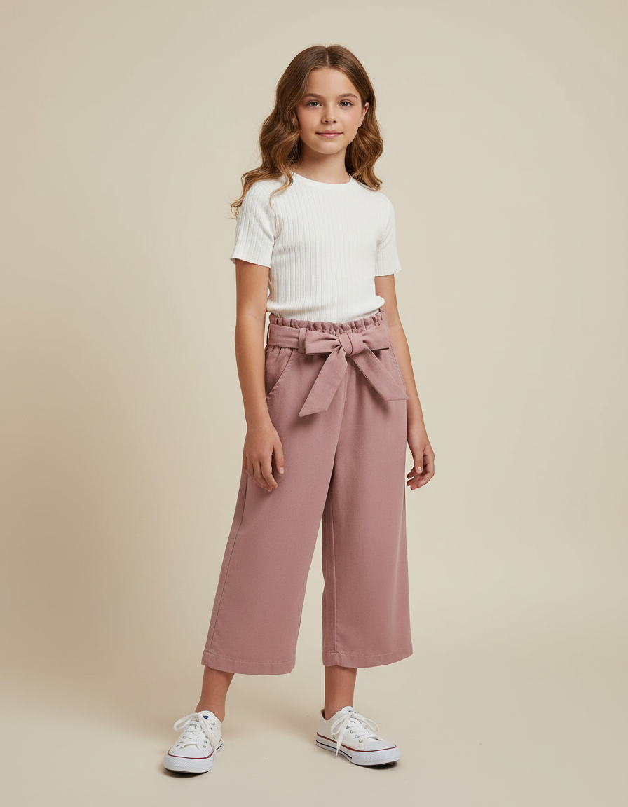 Pantalon Parachute Rose Coton Ample Ceinture Fille