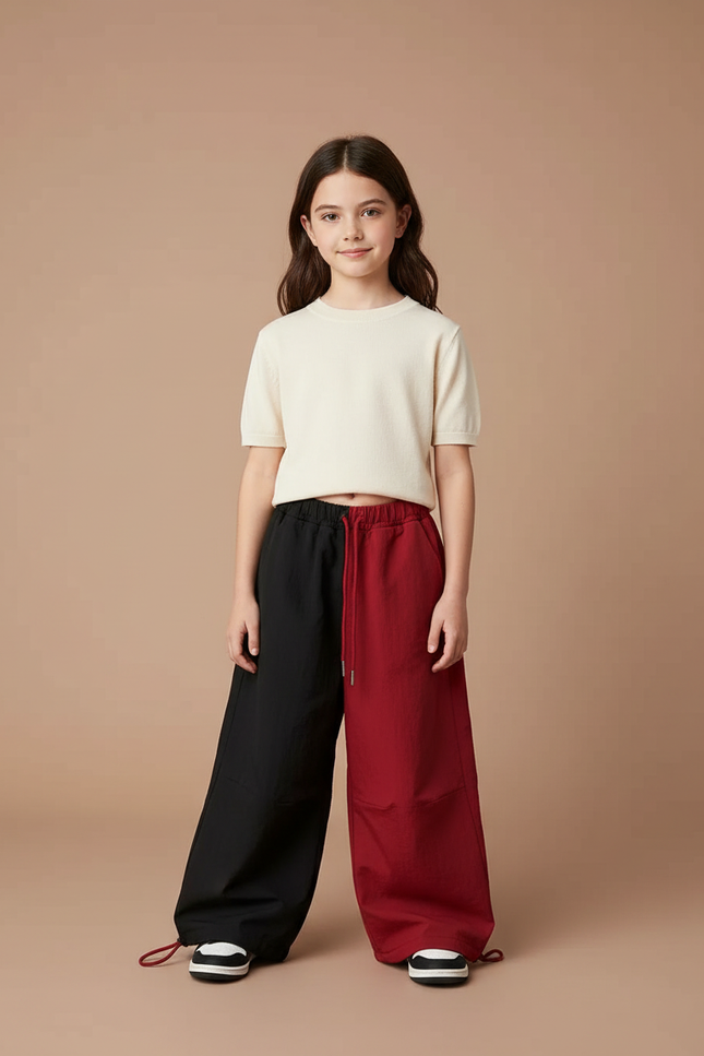 Pantalon Parachute Bicolore Noir Rouge Ample Enfant - Multicolore Toile