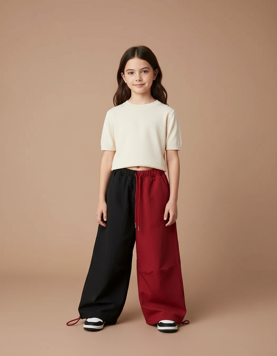 Pantalon Parachute Bicolore Noir Rouge Ample Enfant - Multicolore Toile