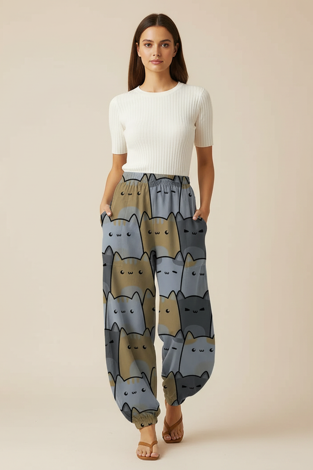 Pantalon Parachute Imprimé Chats Ample Décontracté Fluide - Viscose