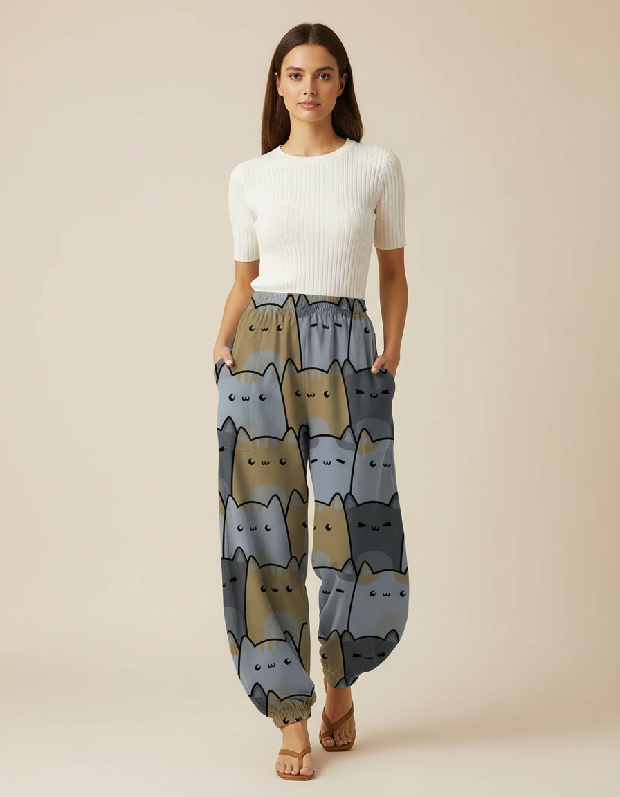 Pantalon Parachute Imprimé Chats Ample Décontracté Fluide - Viscose