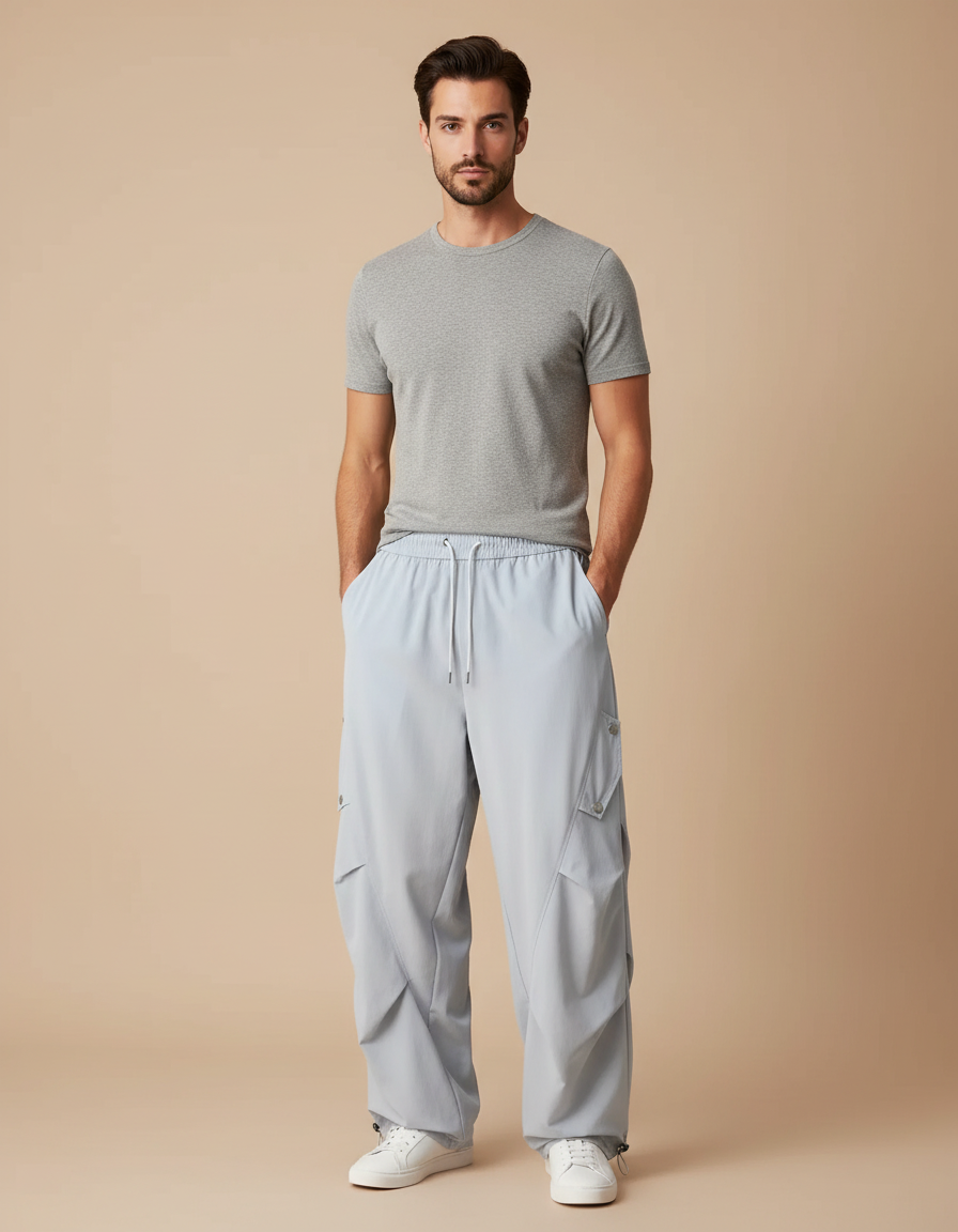 Pantalon Parachute Gris Ample Homme Sport Léger - Polyester