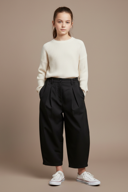 Pantalon Parachute Noir Ample Plissé Fille Décontracté - Gabardine
