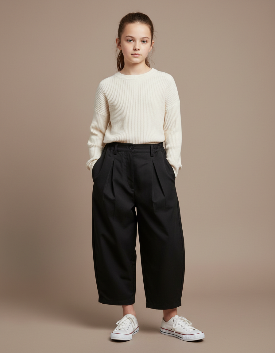 Pantalon Parachute Noir Ample Plissé Fille Décontracté - Gabardine