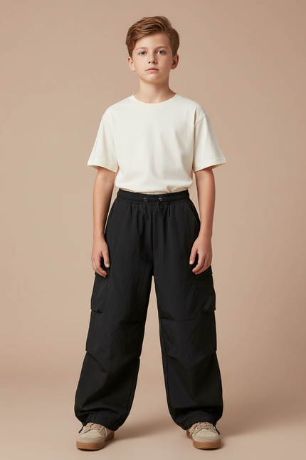 Pantalon Parachute Noir Ample Cargo Cordon Unisexe - Polyester
