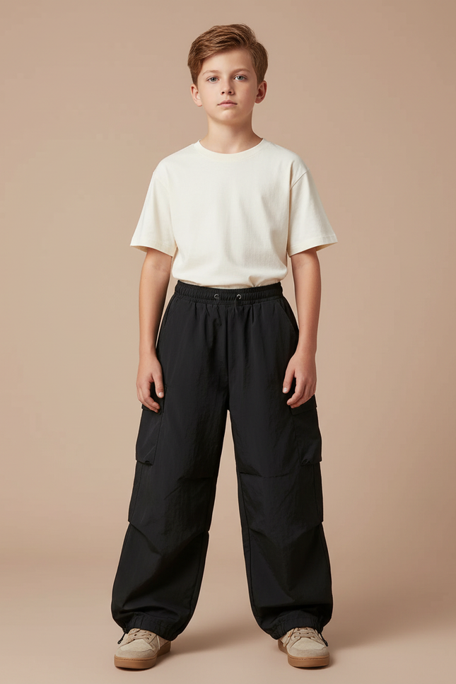 Pantalon Parachute Noir Ample Cargo Cordon Unisexe - Polyester