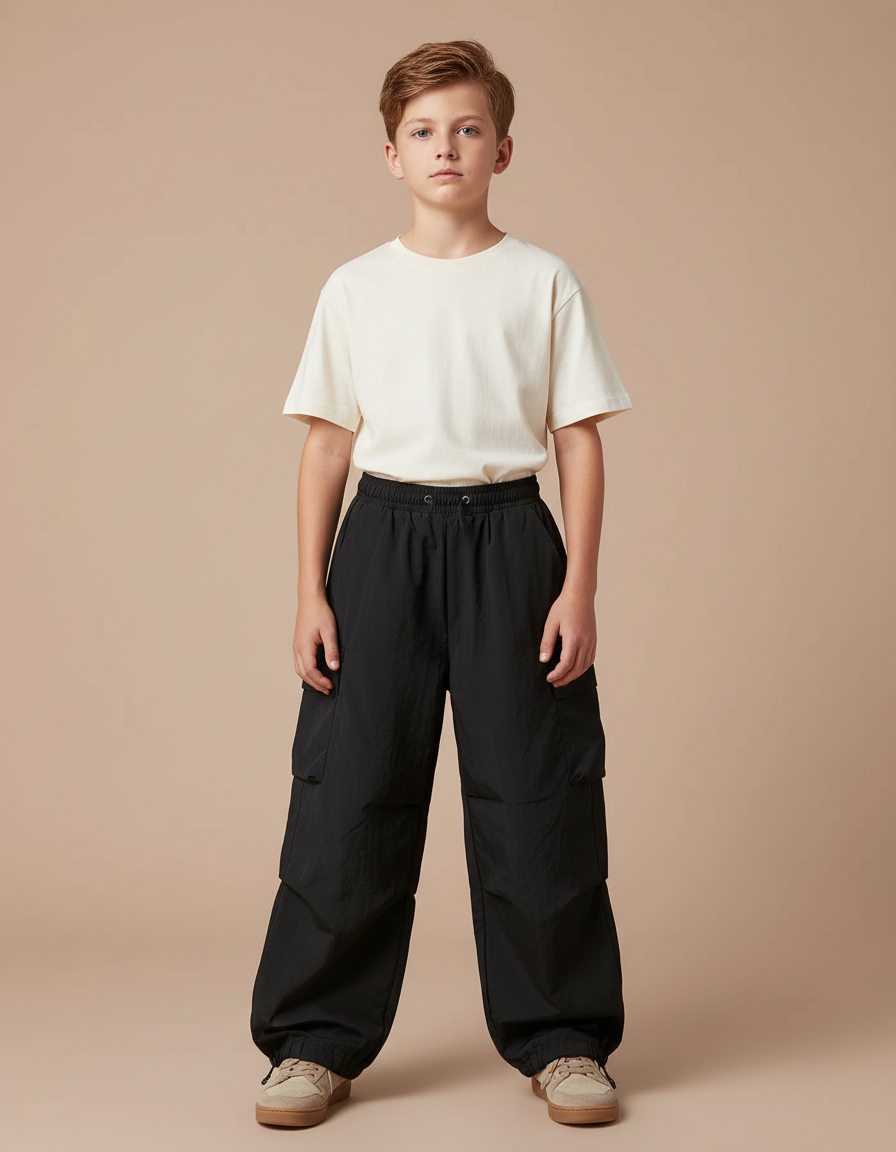 Pantalon Parachute Noir Ample Cargo Cordon Unisexe - Polyester
