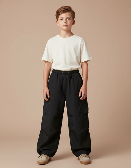 Pantalon Parachute Noir Ample Cargo Cordon Unisexe - Polyester
