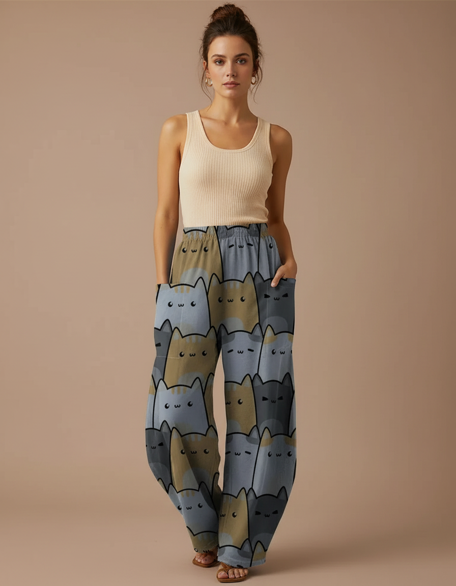 Pantalon Parachute Femme Gris Large - Imprimé Viscose