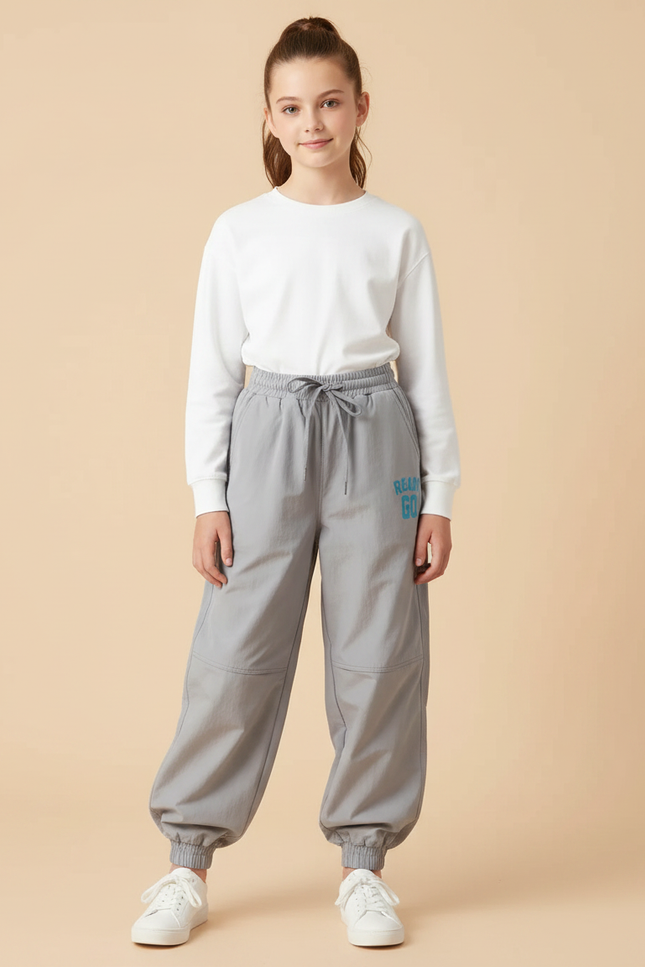 Pantalon Parachute Gris Ample Cordon Décontracté Enfant - Polyester