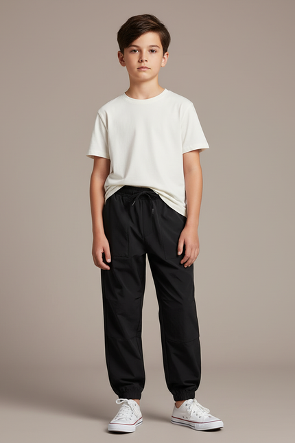Pantalon Parachute Noir Ample Garçon Cordon Respirant - Polyester
