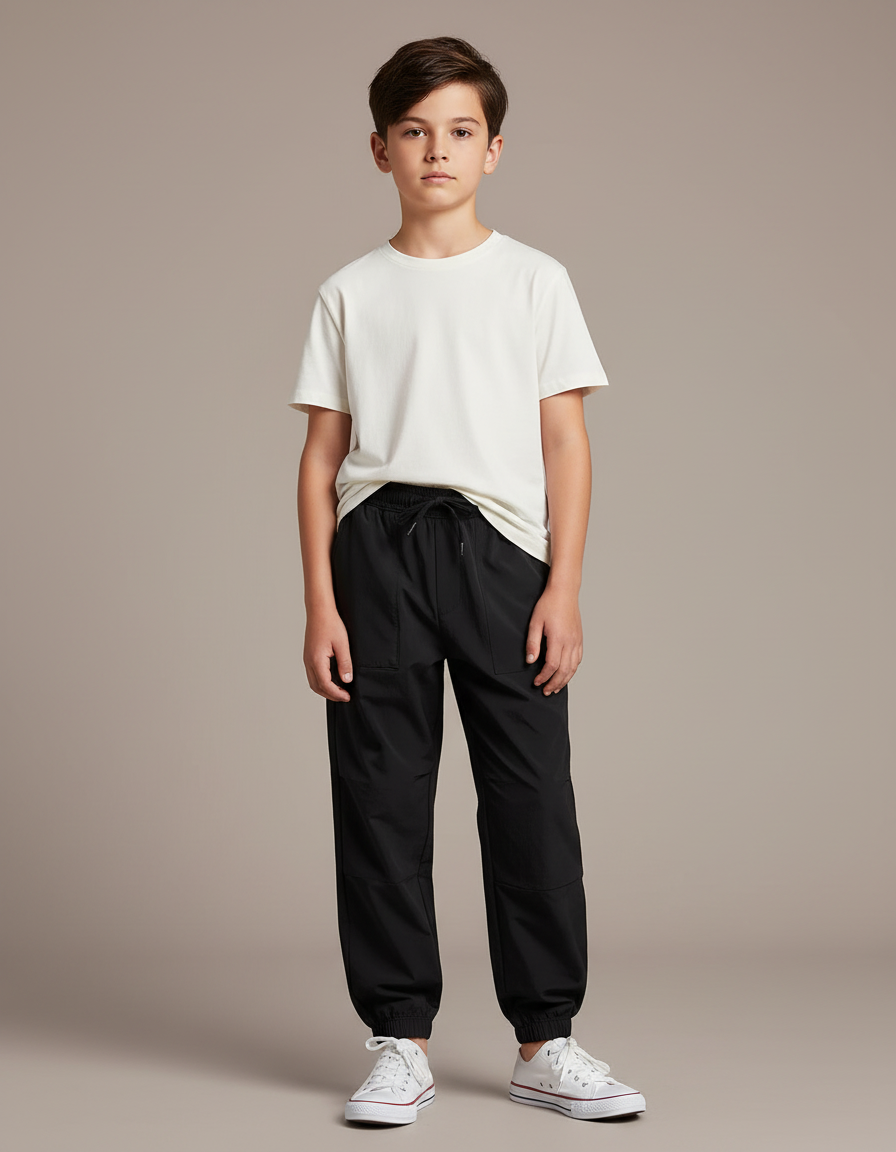 Pantalon Parachute Noir Ample Garçon Cordon Respirant - Polyester
