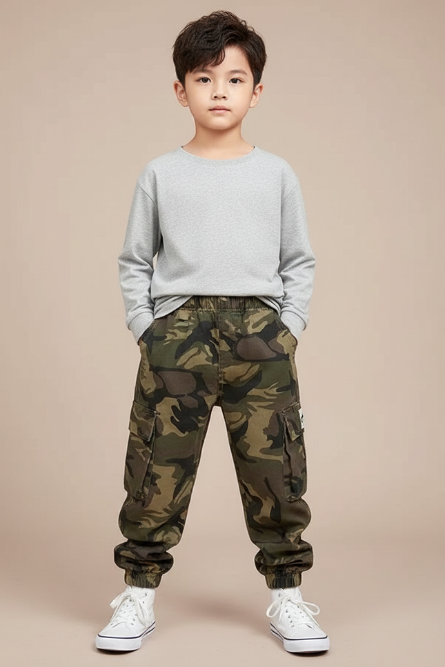 Pantalon Parachute Camouflage Cargo Ample Enfant Coton - Multicolore