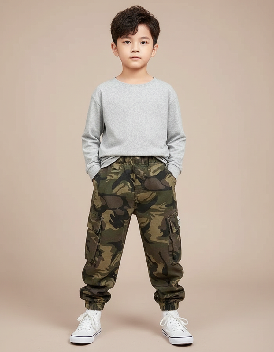 Pantalon Parachute Camouflage Cargo Ample Enfant Coton - Multicolore