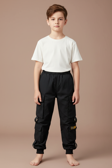 Pantalon Parachute Noir Ample Cargo Garçon - Polyester