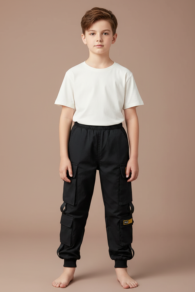 Pantalon Parachute Noir Ample Cargo Garçon - Polyester