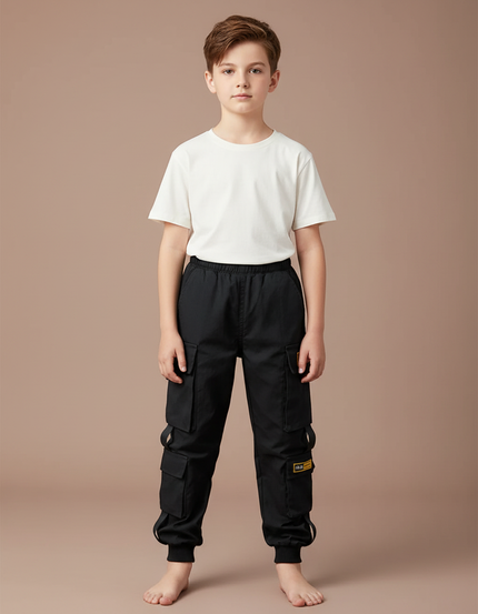 Pantalon Parachute Noir Ample Cargo Garçon - Polyester