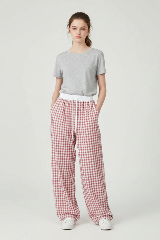 Pantalon Parachute Vichy Rouge Ample Coton Décontracté