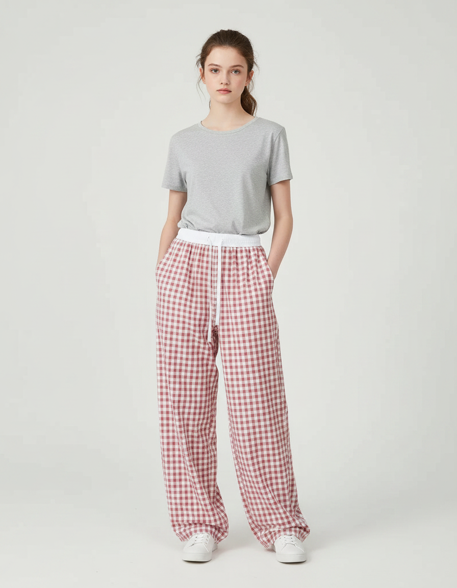 Pantalon Parachute Vichy Rouge Ample Coton Décontracté