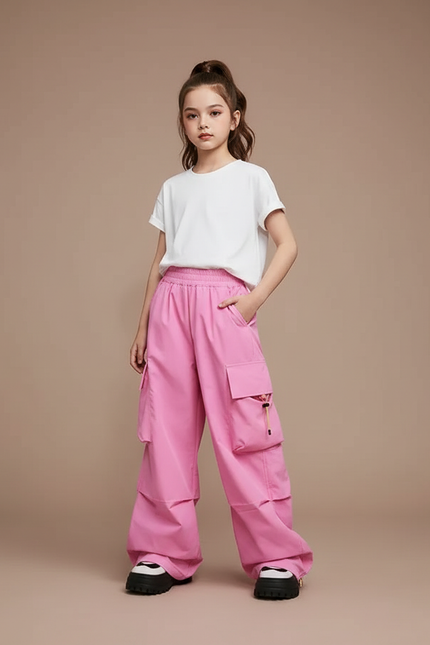 Pantalon Parachute Rose Cargo Ample Fille Décontracté - Polyester