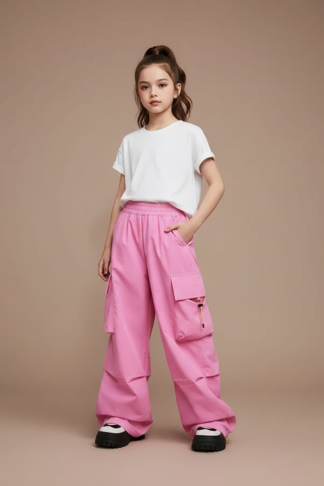 Pantalon Parachute Rose Cargo Ample Fille Décontracté - Polyester