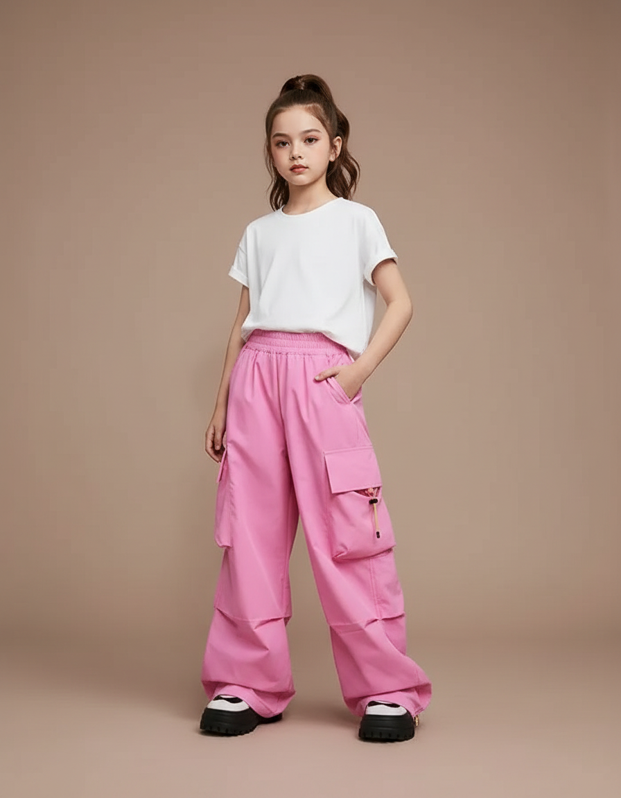 Pantalon Parachute Rose Cargo Ample Fille Décontracté - Polyester