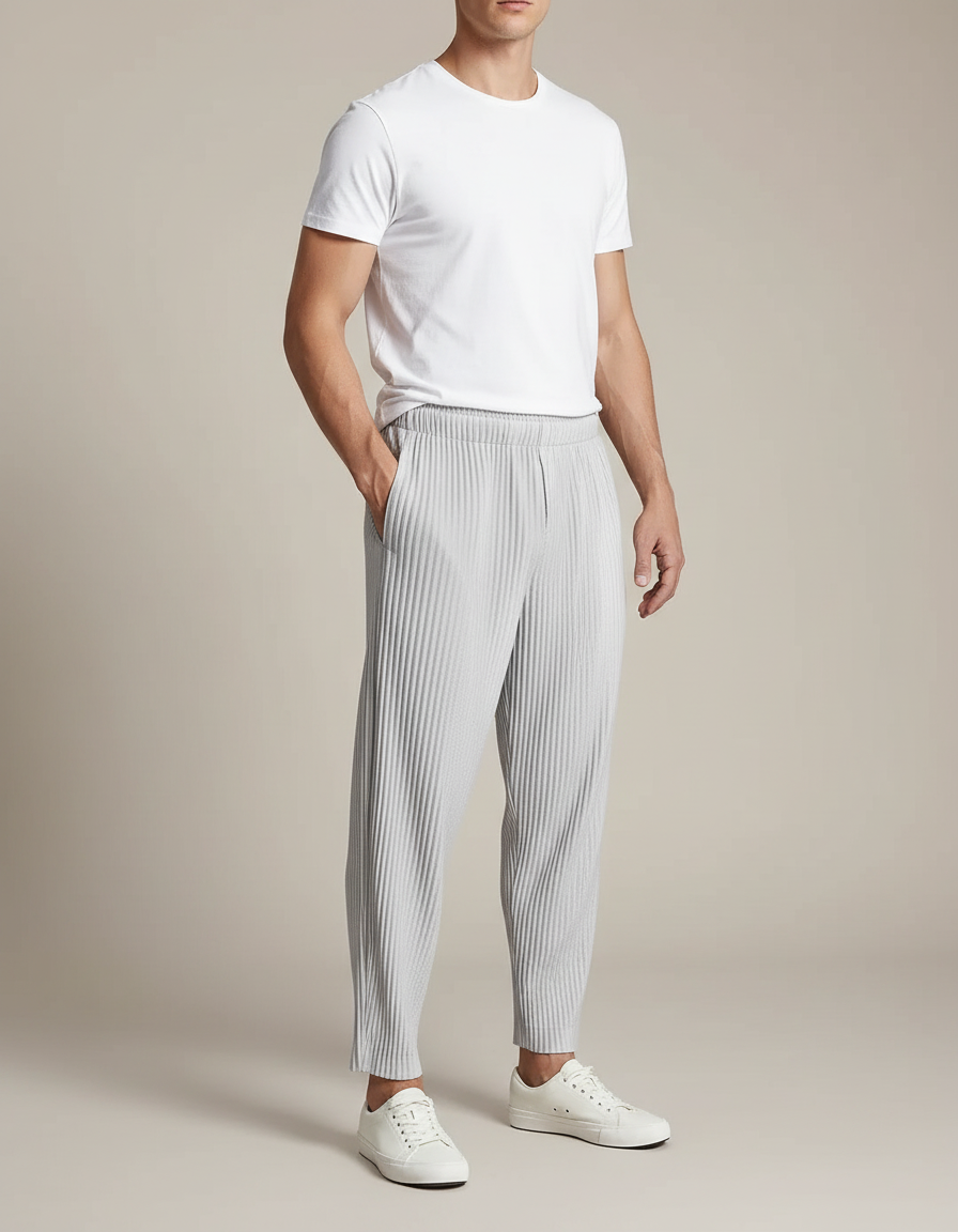 Pantalon Parachute Plissé Gris Ample Casual Homme - Polyester
