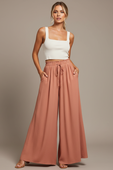 Pantalon Parachute Fluide Ample Taille Haute Corail - Orange Viscose