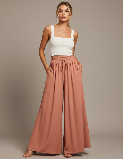 Pantalon Parachute Fluide Ample Taille Haute Corail - Orange Viscose