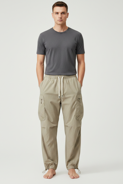 Pantalon Parachute Kaki Cargo Ample Léger Cordon Homme - Polyester