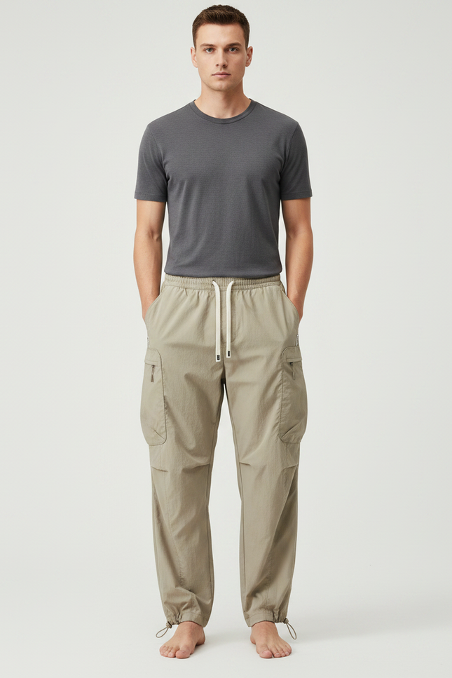 Pantalon Parachute Kaki Cargo Ample Léger Cordon Homme - Polyester