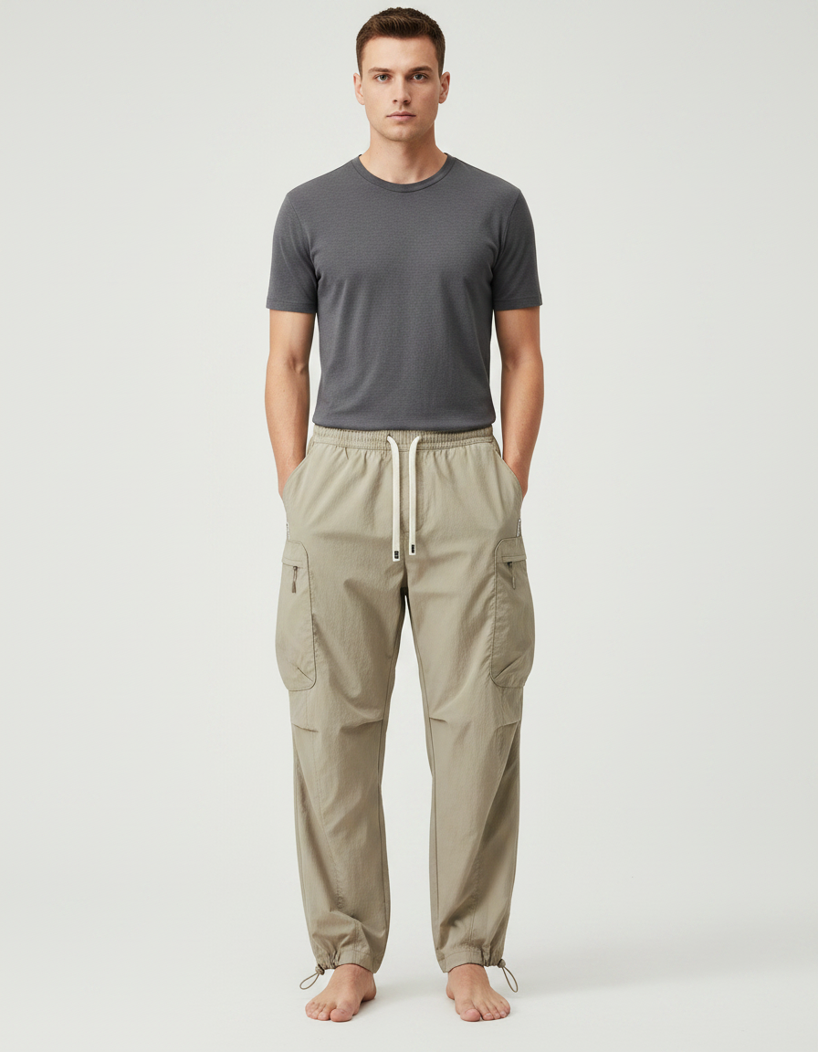 Pantalon Parachute Kaki Cargo Ample Léger Cordon Homme - Polyester