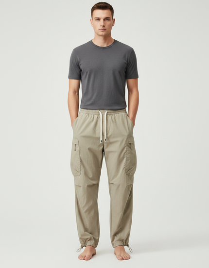 Pantalon Parachute Kaki Cargo Ample Léger Cordon Homme - Polyester