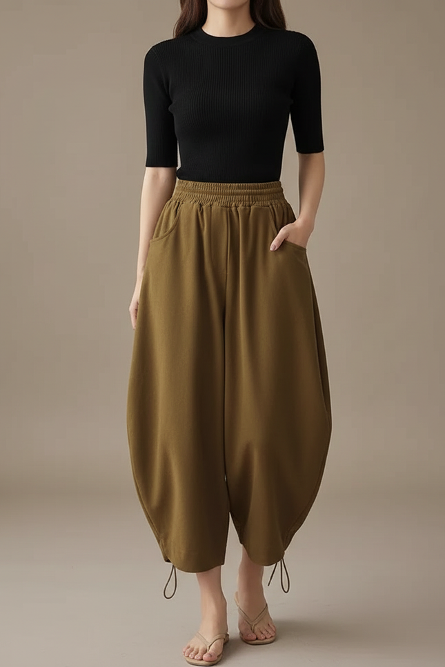 Pantalon Parachute Kaki Ample Coton Femme Décontracté