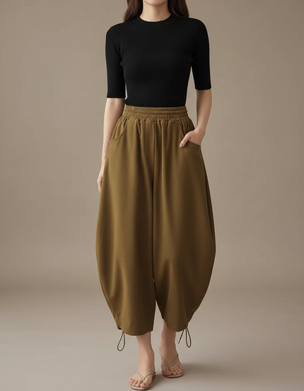 Pantalon Parachute Kaki Ample Coton Femme Décontracté