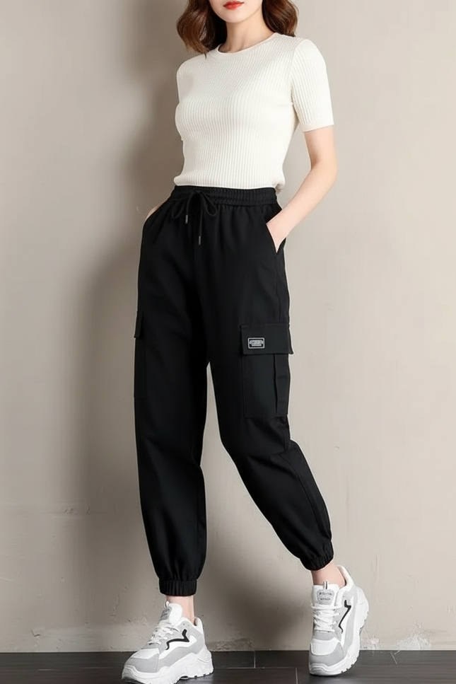 Pantalon Parachute Noir Cargo Cordon Femme Sport - Polyester