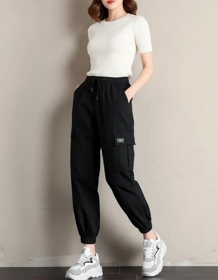 Pantalon Parachute Noir Cargo Cordon Femme Sport - Polyester