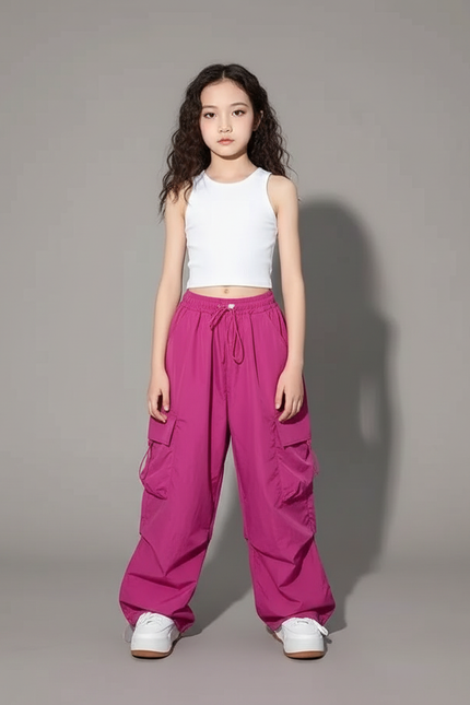 Pantalon Parachute Fuschia Ample Cargo Enfant Fille - Rose Polyester